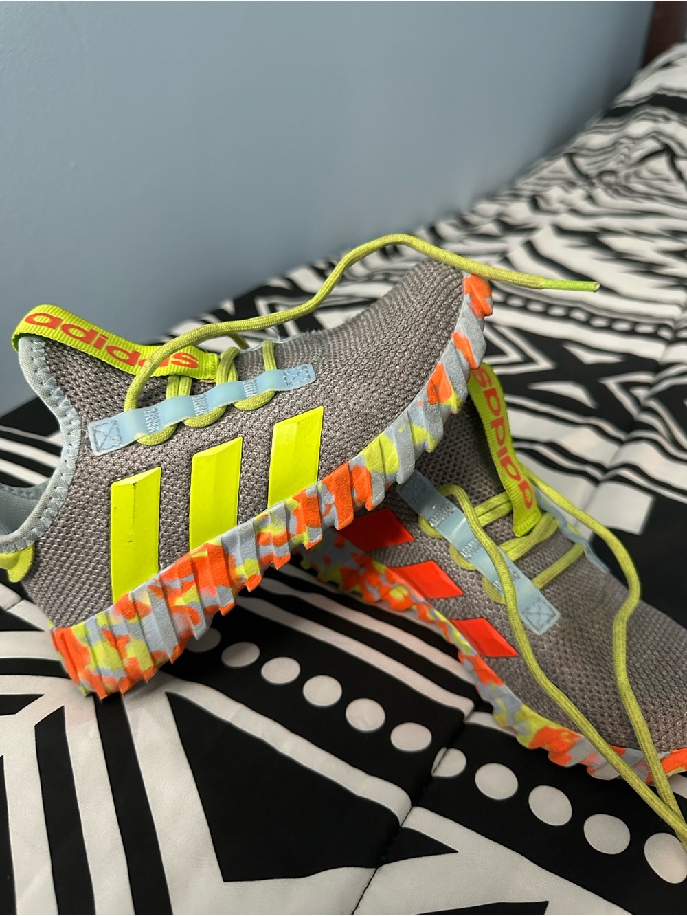 adidas Kids Grey Sneakers with Neon Yellow and Orange Accents
